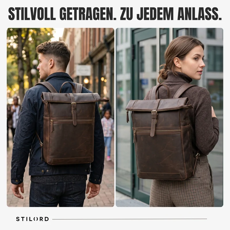 "Tacoma" Leder Rolltop Rucksack Damen Herren für 17 Zoll Laptop