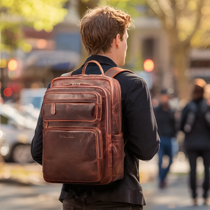 “Astoria” Stilvoller Business Lederrucksack Vintage mit 17 Zoll Laptop-Fach Uni Rucksack Reiserucksack Herren