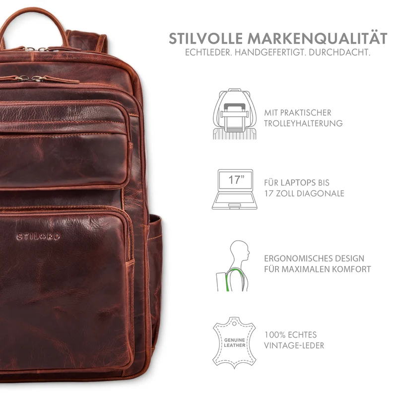 “Astoria” Stilvoller Business Lederrucksack Vintage mit 17 Zoll Laptop-Fach Uni Rucksack Reiserucksack Herren