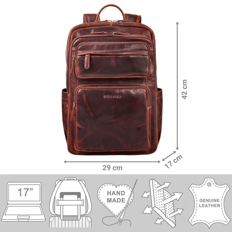 “Astoria” Stilvoller Business Lederrucksack Vintage mit 17 Zoll Laptop-Fach Uni Rucksack Reiserucksack Herren