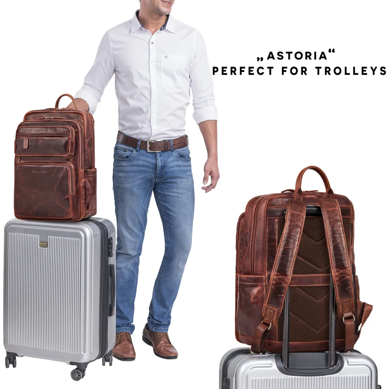 “Astoria” Stilvoller Business Lederrucksack Vintage mit 17 Zoll Laptop-Fach Uni Rucksack Reiserucksack Herren