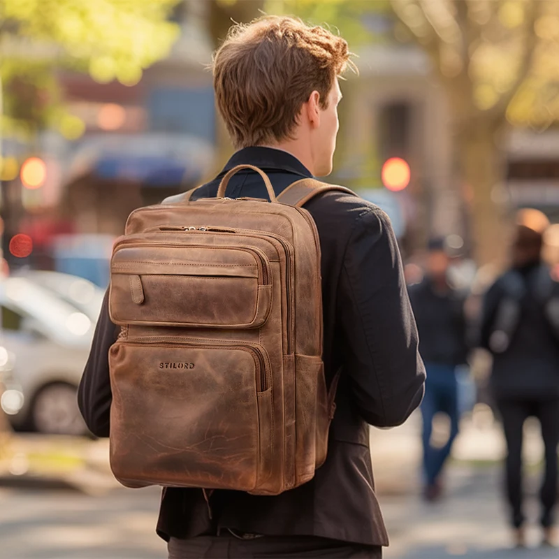 “Astoria” Stilvoller Business Lederrucksack Vintage mit 17 Zoll Laptop-Fach Uni Rucksack Reiserucksack Herren