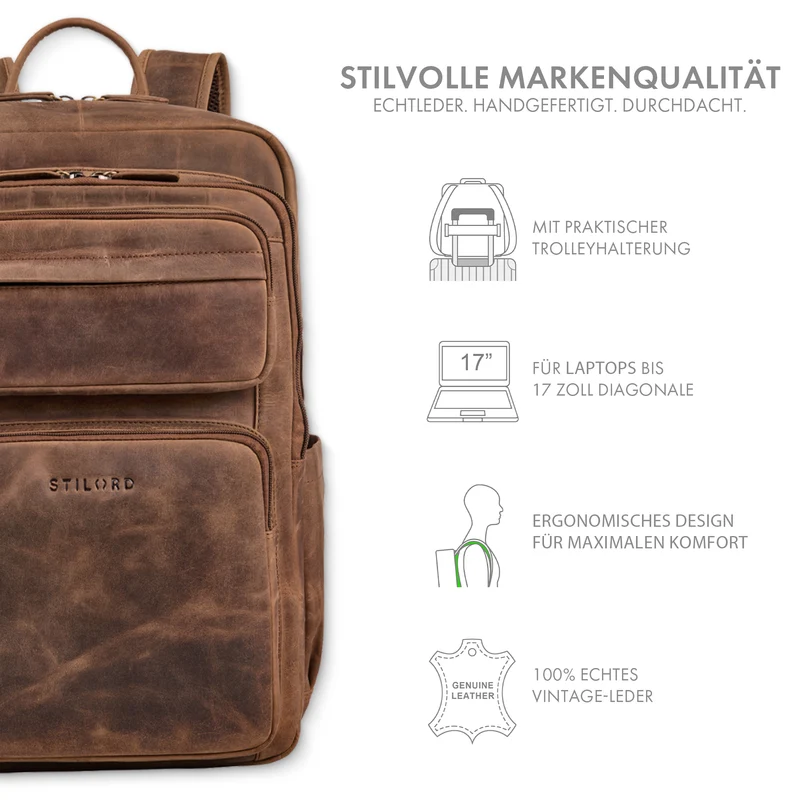 “Astoria” Stilvoller Business Lederrucksack Vintage mit 17 Zoll Laptop-Fach Uni Rucksack Reiserucksack Herren