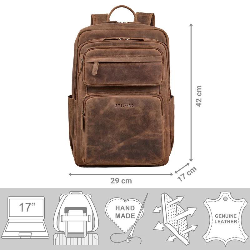 “Astoria” Stilvoller Business Lederrucksack Vintage mit 17 Zoll Laptop-Fach Uni Rucksack Reiserucksack Herren