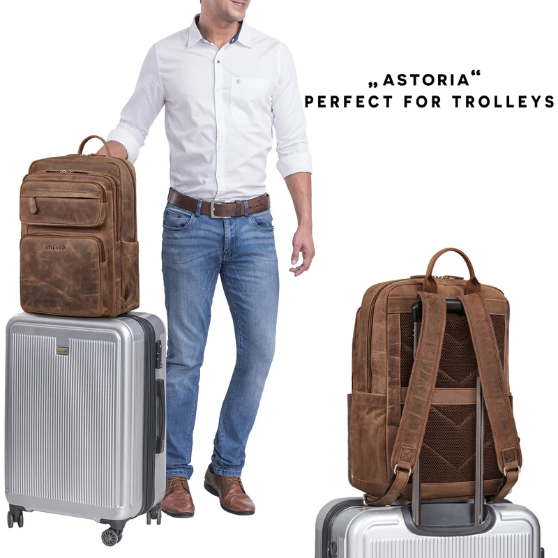 “Astoria” Stilvoller Business Lederrucksack Vintage mit 17 Zoll Laptop-Fach Uni Rucksack Reiserucksack Herren