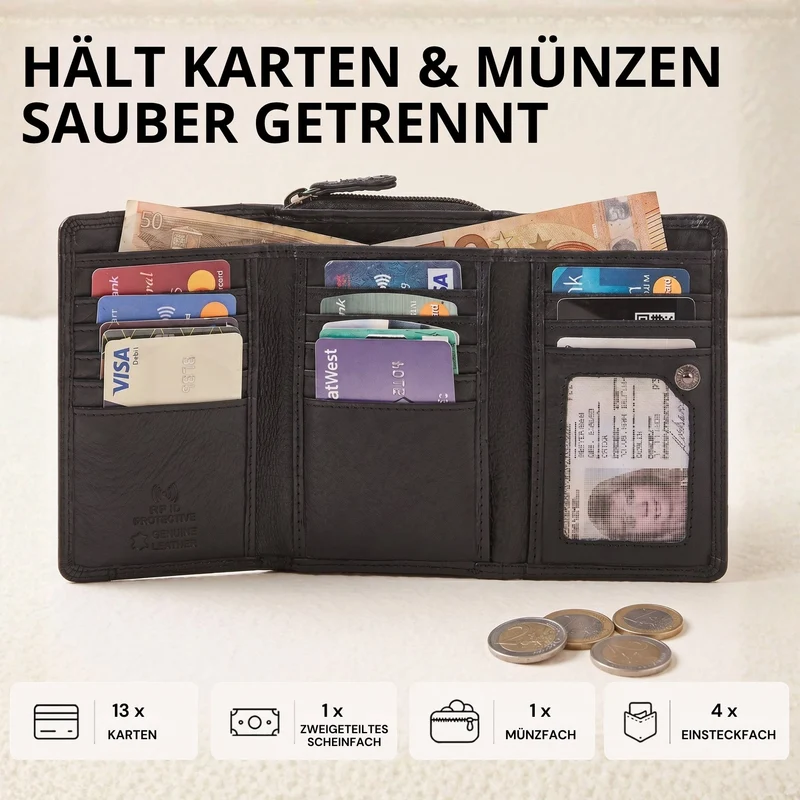 "Beverly" Vintage Leder Geldbörse Damen Mittelgroß mit RFID-Schutz
