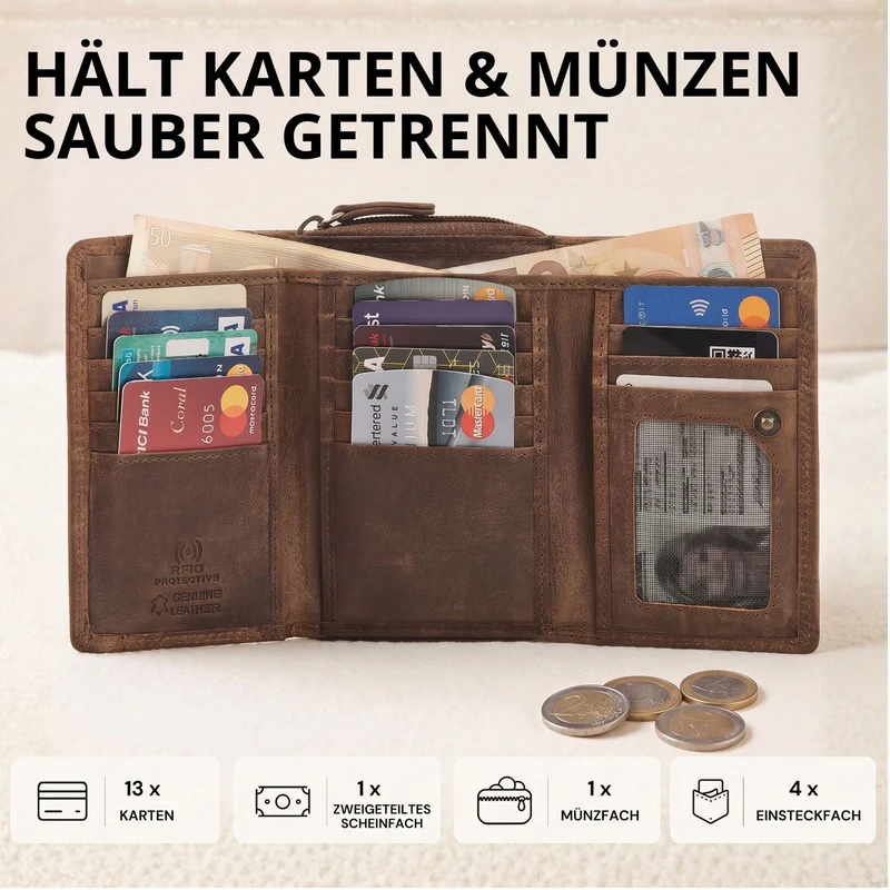 "Beverly" Vintage Leder Geldbörse Damen Mittelgroß mit RFID-Schutz