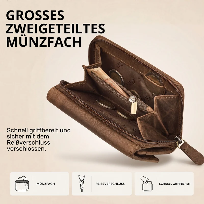 "Beverly" Vintage Leder Geldbörse Damen Mittelgroß mit RFID-Schutz