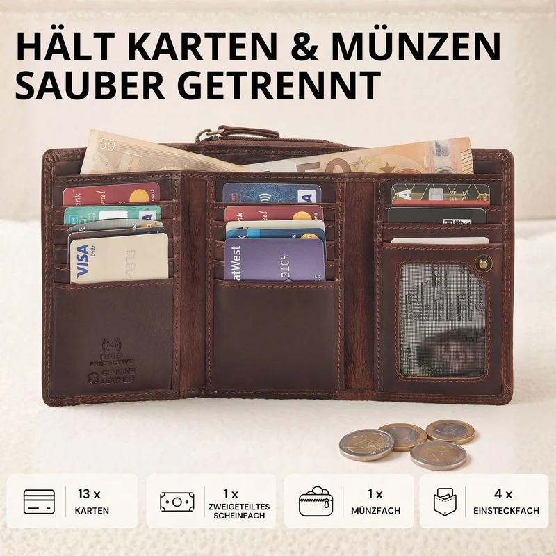 "Beverly" Vintage Leder Geldbörse Damen Mittelgroß mit RFID-Schutz