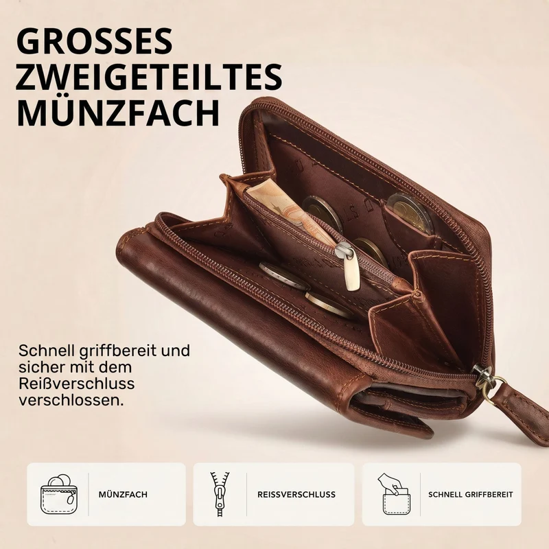 "Beverly" Vintage Leder Geldbörse Damen Mittelgroß mit RFID-Schutz