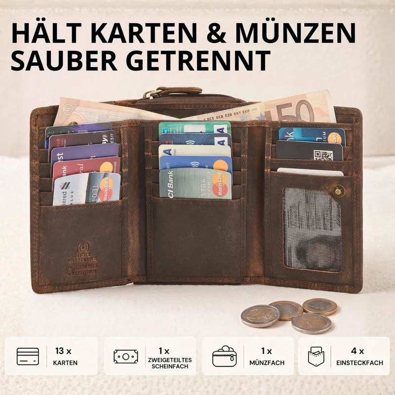 "Beverly" Vintage Leder Geldbörse Damen Mittelgroß mit RFID-Schutz