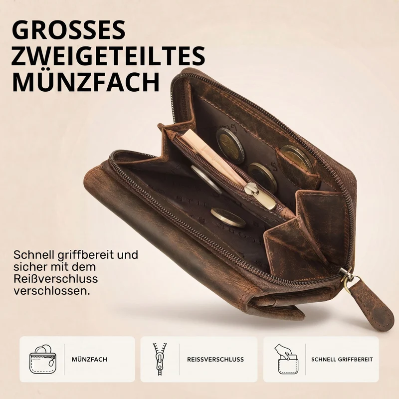 "Beverly" Vintage Leder Geldbörse Damen Mittelgroß mit RFID-Schutz