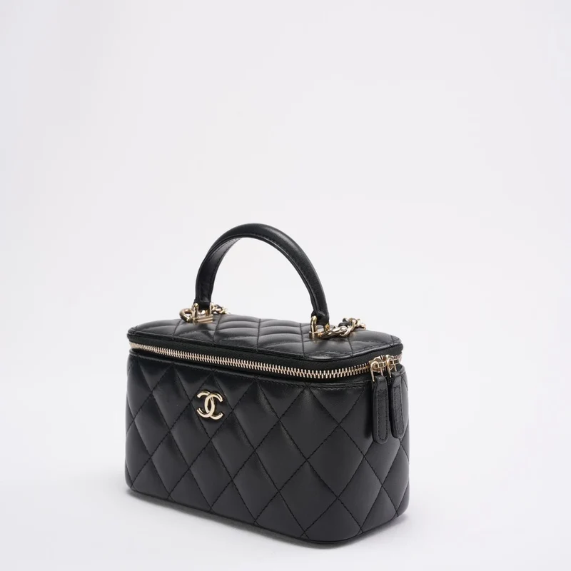 Chanel Kosmetiktasche aus schwarzem Lammleder, klein, mit Tragegriff