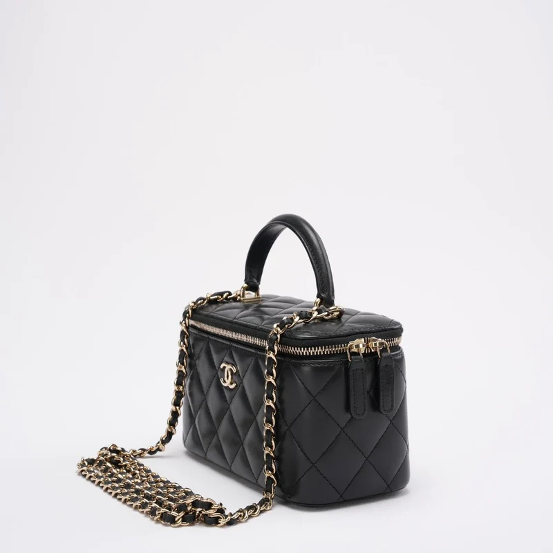 Chanel Kosmetiktasche aus schwarzem Lammleder, klein, mit Tragegriff