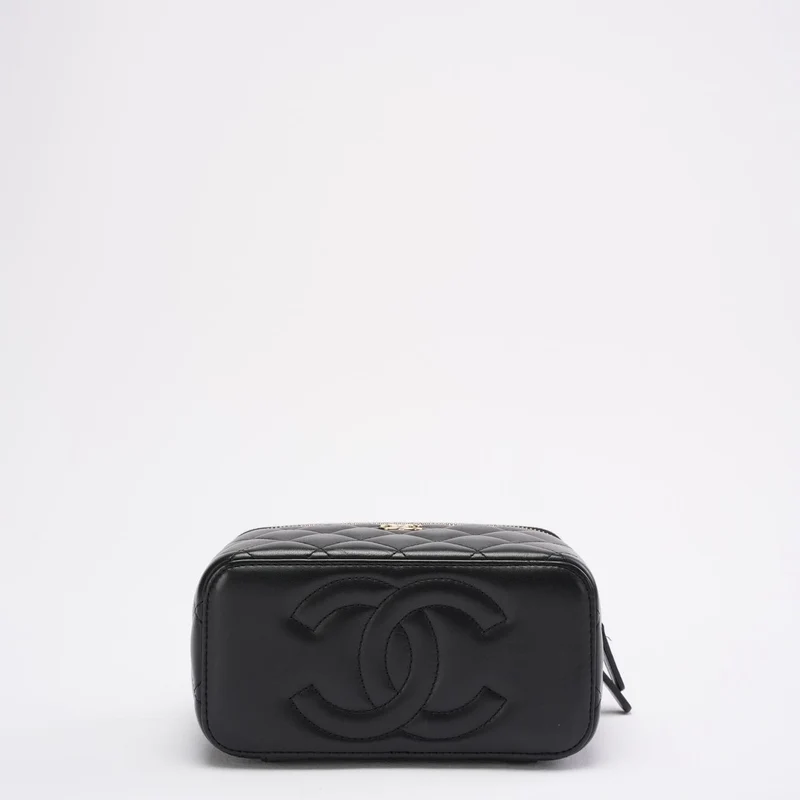 Chanel Kosmetiktasche aus schwarzem Lammleder, klein, mit Tragegriff