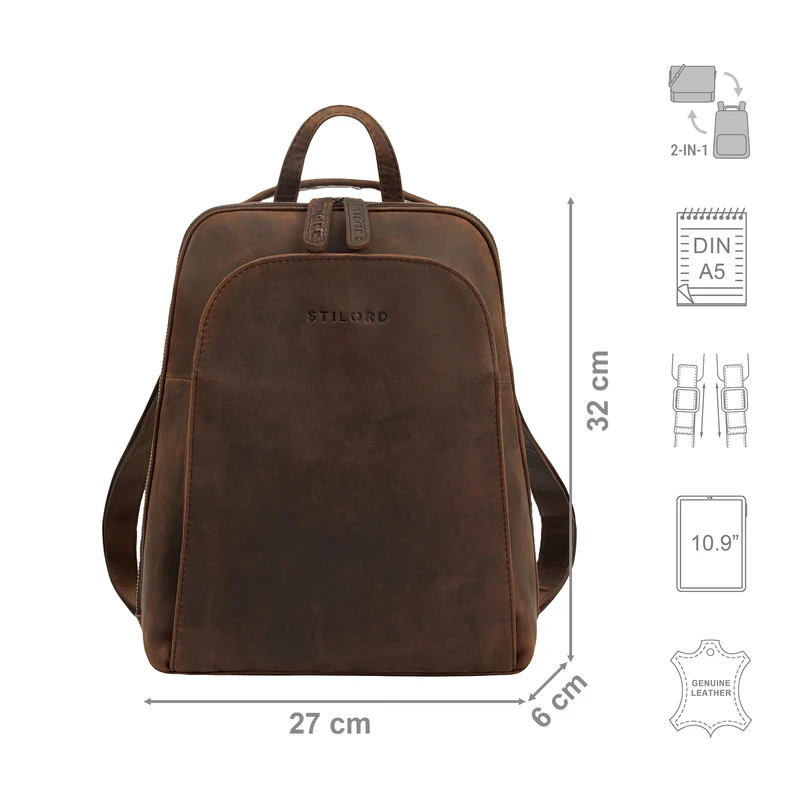 "Ophelia" 2-in-1 Rucksack-Tasche Echt Leder Damen 10,9 Zoll