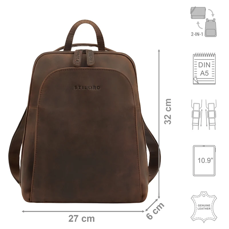 "Ophelia" 2-in-1 Rucksack-Tasche Echt Leder Damen 10,9 Zoll