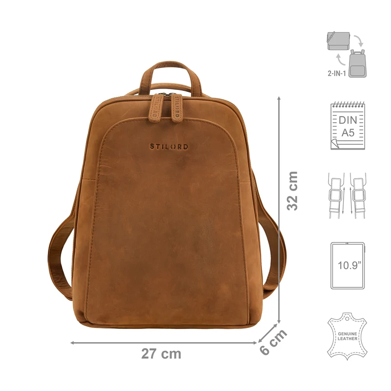 "Ophelia" 2-in-1 Rucksack-Tasche Echt Leder Damen 10,9 Zoll