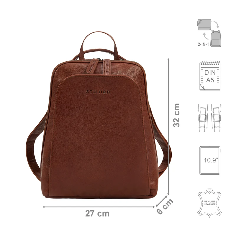 "Ophelia" 2-in-1 Rucksack-Tasche Echt Leder Damen 10,9 Zoll