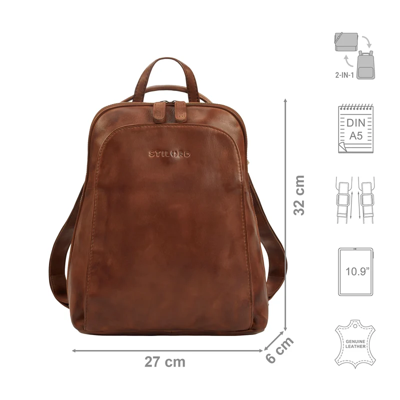 "Ophelia" 2-in-1 Rucksack-Tasche Echt Leder Damen 10,9 Zoll