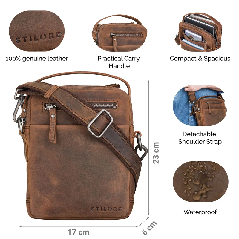"Byron" Elegante Umhängetasche Herren Klein Leder mit vielen Fächern
