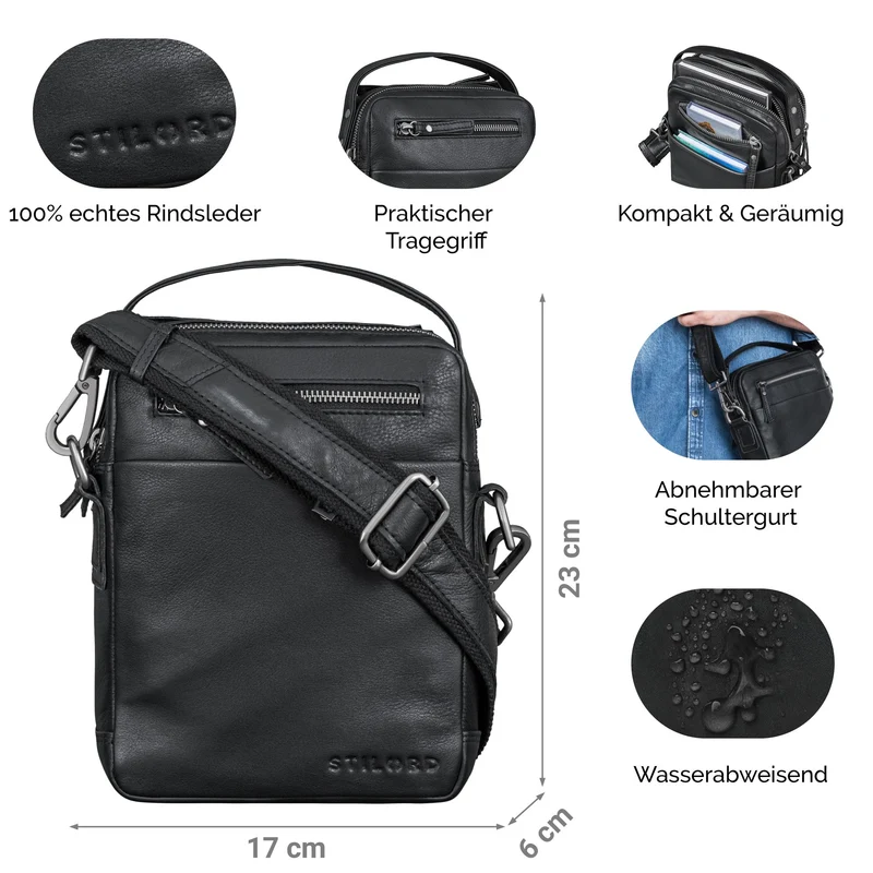 "Byron" Elegante Umhängetasche Herren Klein Leder mit vielen Fächern