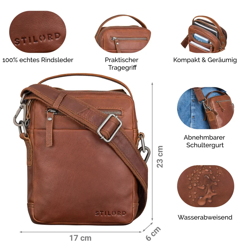 "Byron" Elegante Umhängetasche Herren Klein Leder mit vielen Fächern