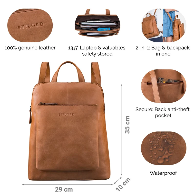 "Dua" Rucksack-Tasche 2 in 1 Damen Leder Mittel-Groß Laptop 13,6