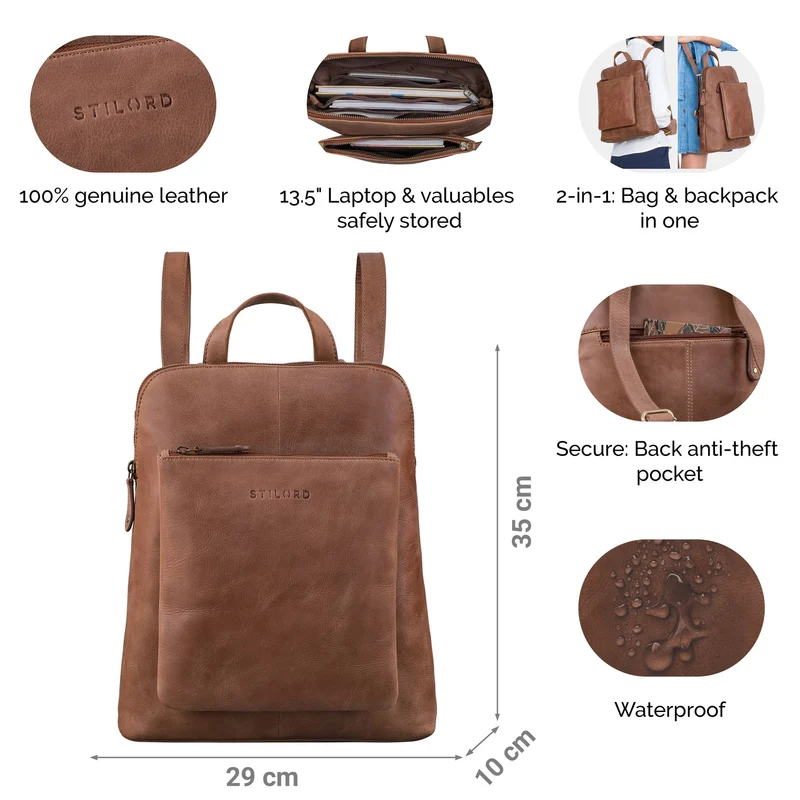 "Dua" Rucksack-Tasche 2 in 1 Damen Leder Mittel-Groß Laptop 13,6