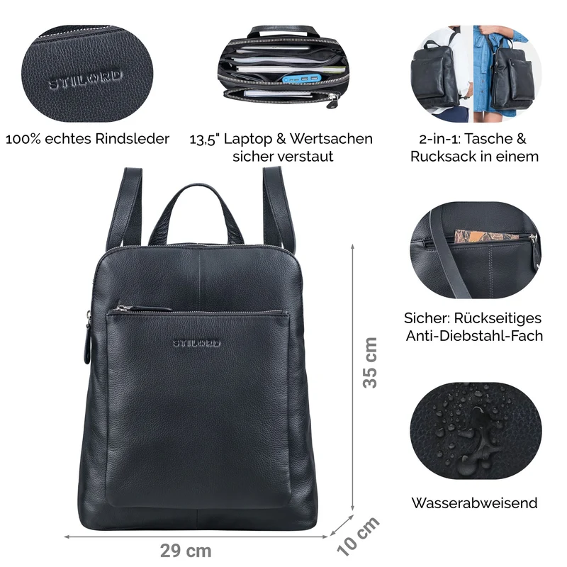 "Dua" Rucksack-Tasche 2 in 1 Damen Leder Mittel-Groß Laptop 13,6
