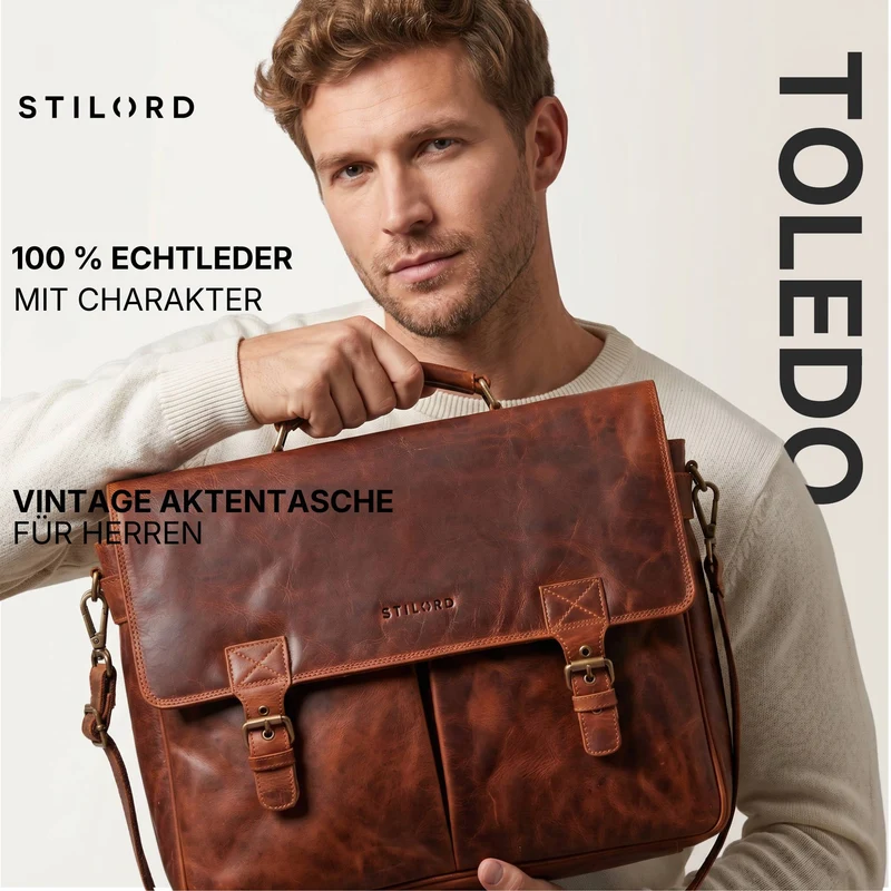 "Toledo" Vintage Echtleder Aktentasche Herren für 15.6 - 16 Zoll