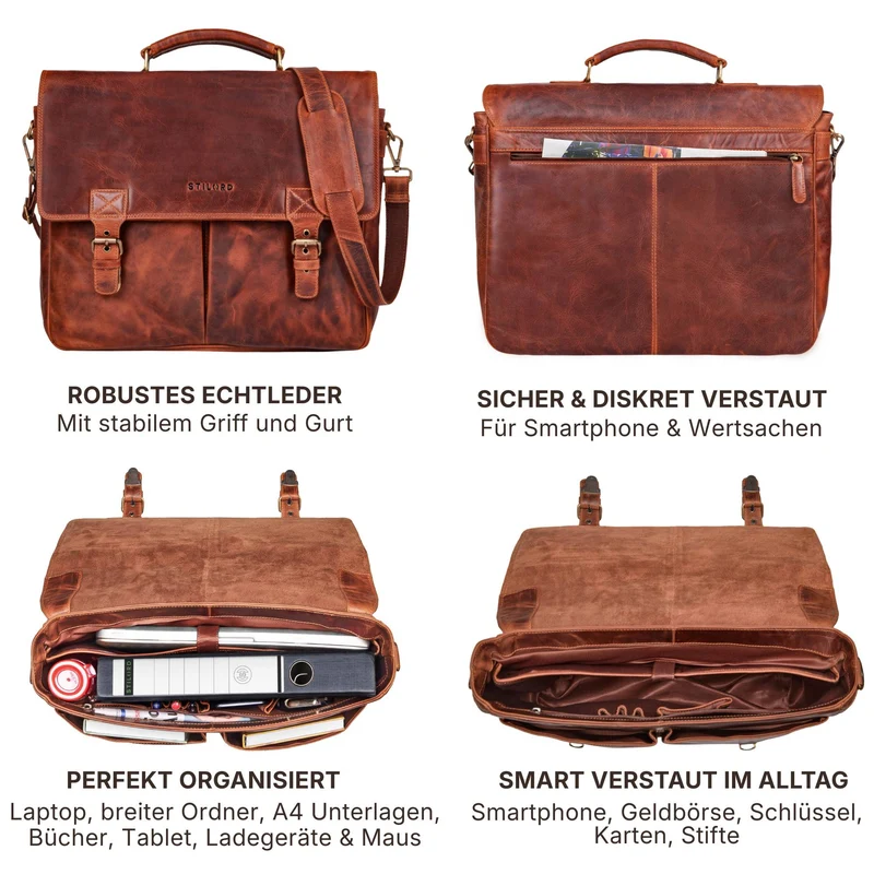 "Toledo" Vintage Echtleder Aktentasche Herren für 15.6 - 16 Zoll