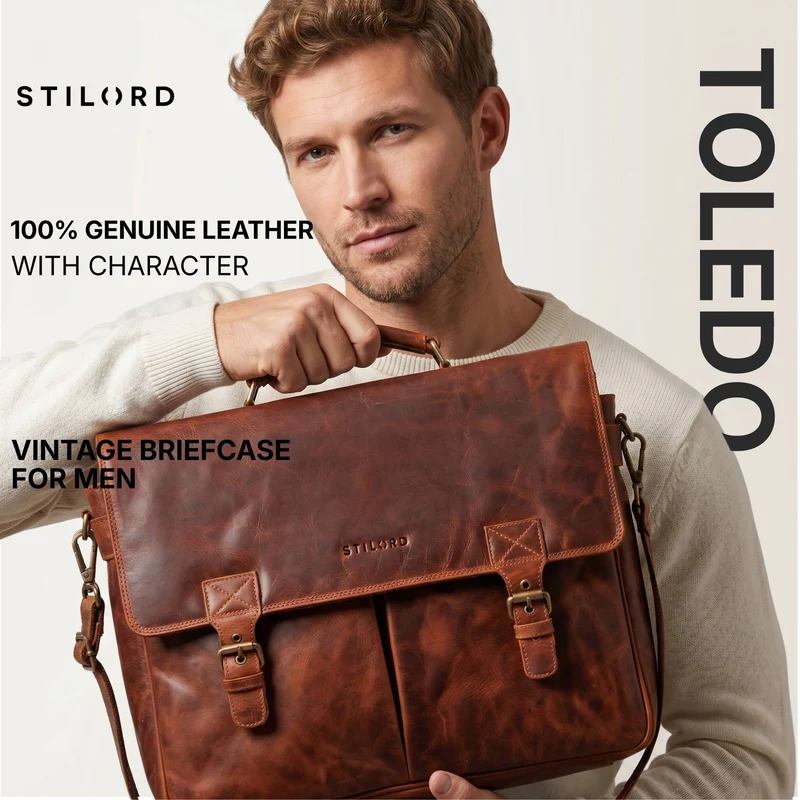 "Toledo" Vintage Echtleder Aktentasche Herren für 15.6 - 16 Zoll