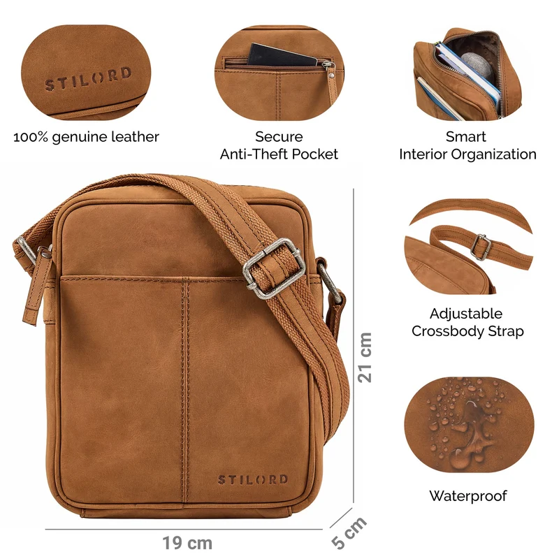 "Nilo" Elegante Umhängetasche Herren Klein Leder für Tablet 8,3 Zoll