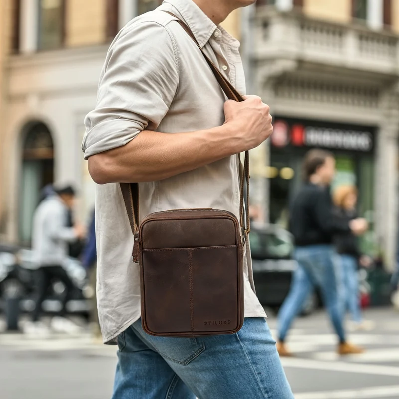"Nilo" Elegante Umhängetasche Herren Klein Leder für Tablet 8,3 Zoll