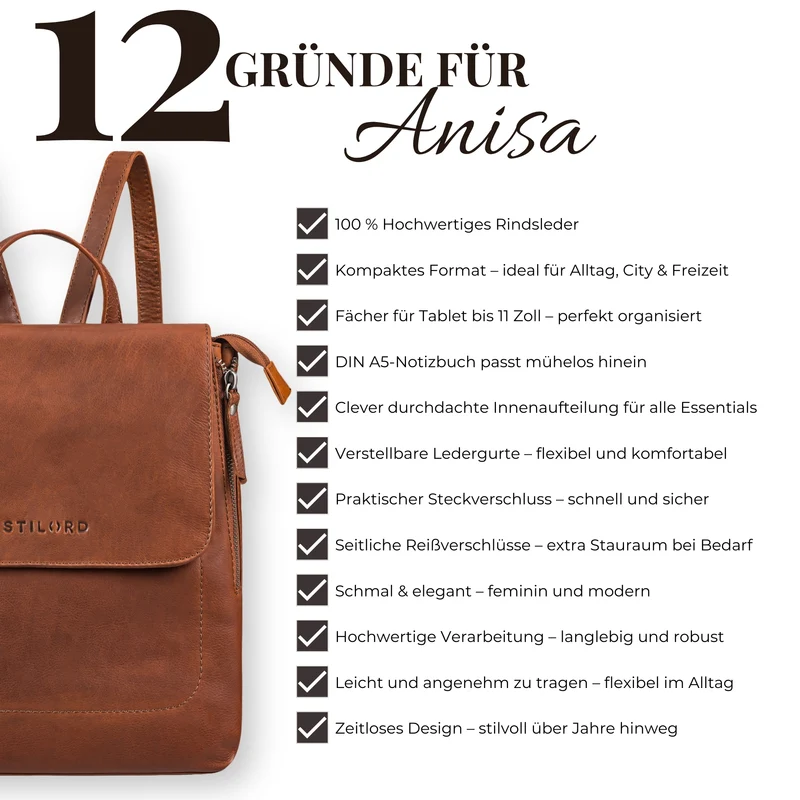 "Anisa" Kleiner Rucksack Damen Leder mit vielen Fächern