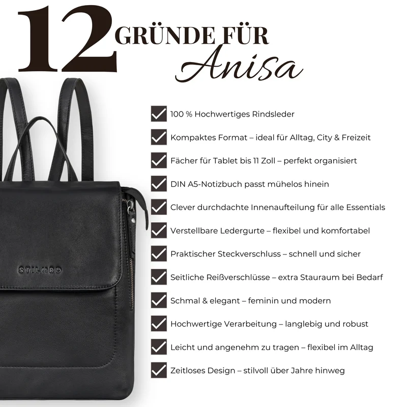 "Anisa" Kleiner Rucksack Damen Leder mit vielen Fächern