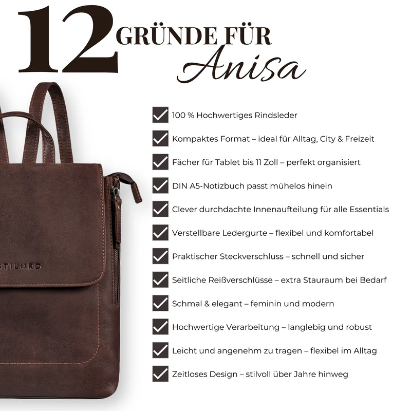"Anisa" Kleiner Rucksack Damen Leder mit vielen Fächern