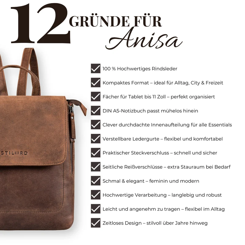 "Anisa" Kleiner Rucksack Damen Leder mit vielen Fächern