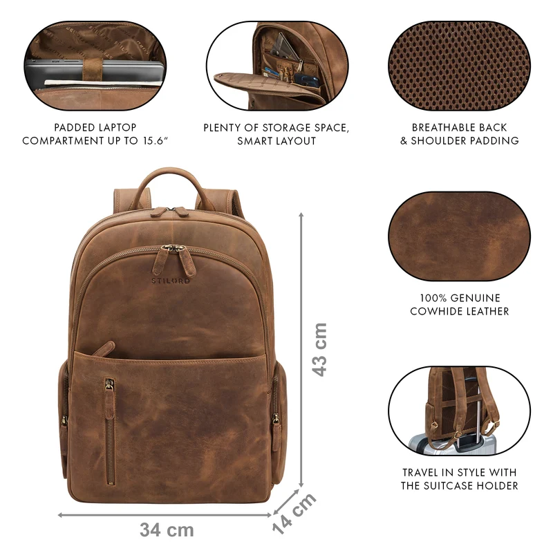 "Rio" Premium Leder-Rucksack mit Laptopfach 15.6 Zoll für Herren