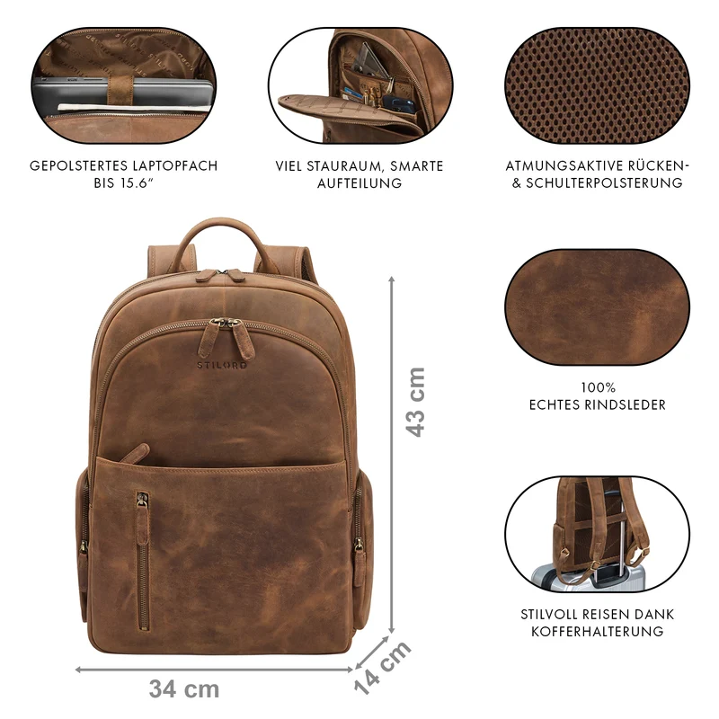"Rio" Premium Leder-Rucksack mit Laptopfach 15.6 Zoll für Herren