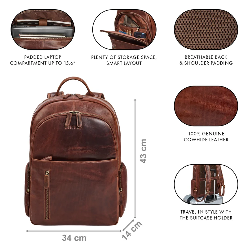 "Rio" Premium Leder-Rucksack mit Laptopfach 15.6 Zoll für Herren