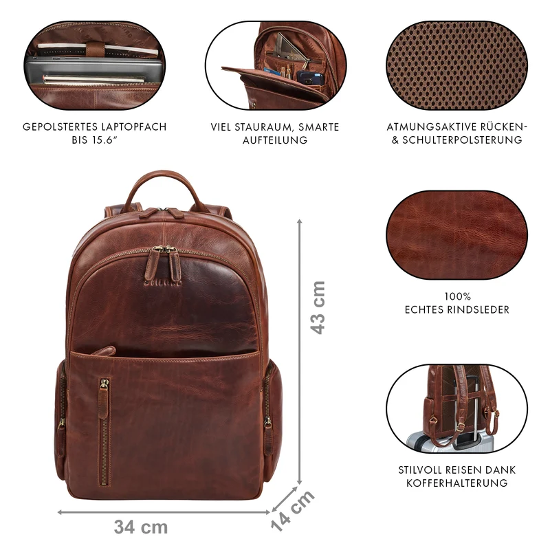 "Rio" Premium Leder-Rucksack mit Laptopfach 15.6 Zoll für Herren