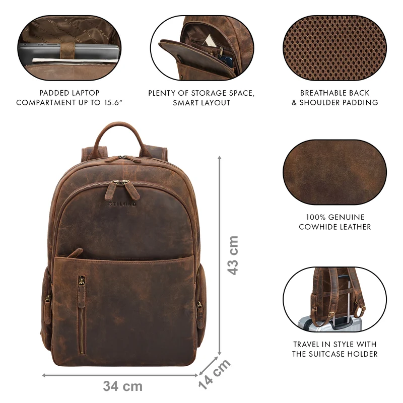 "Rio" Premium Leder-Rucksack mit Laptopfach 15.6 Zoll für Herren