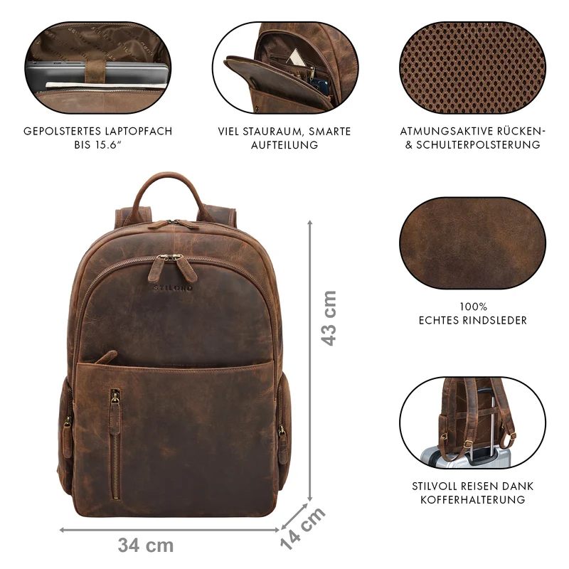 "Rio" Premium Leder-Rucksack mit Laptopfach 15.6 Zoll für Herren