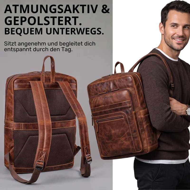 "Gilbert" Großer Leder Rucksack Herren Laptop 15 - 16 Zoll