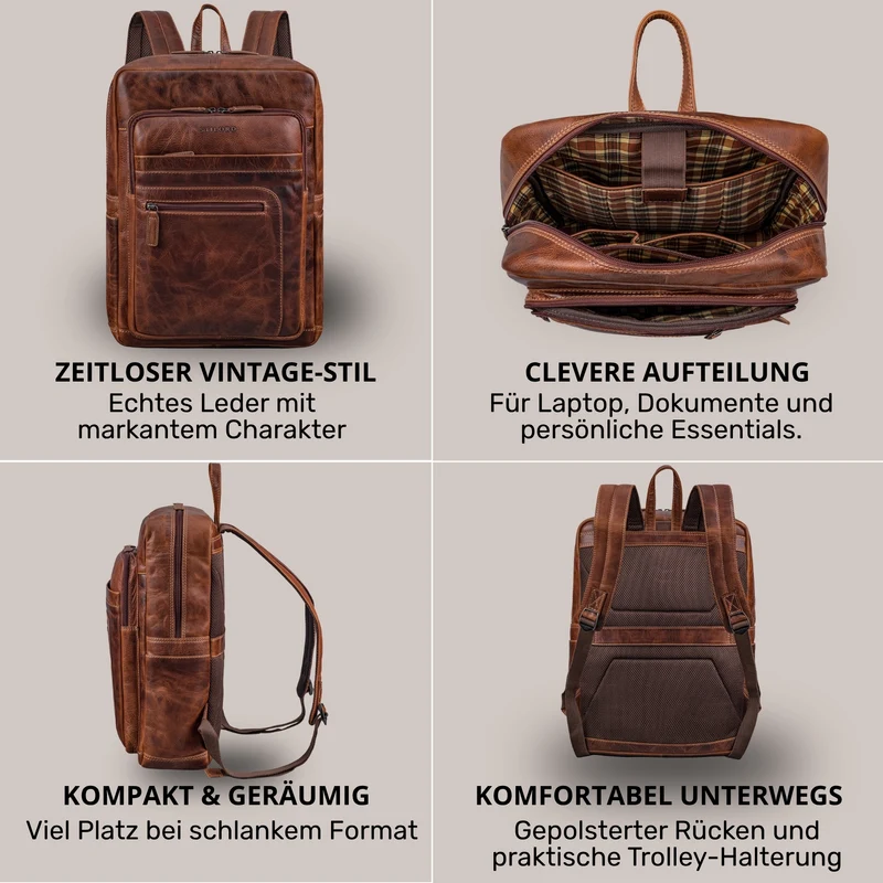 "Gilbert" Großer Leder Rucksack Herren Laptop 15 - 16 Zoll