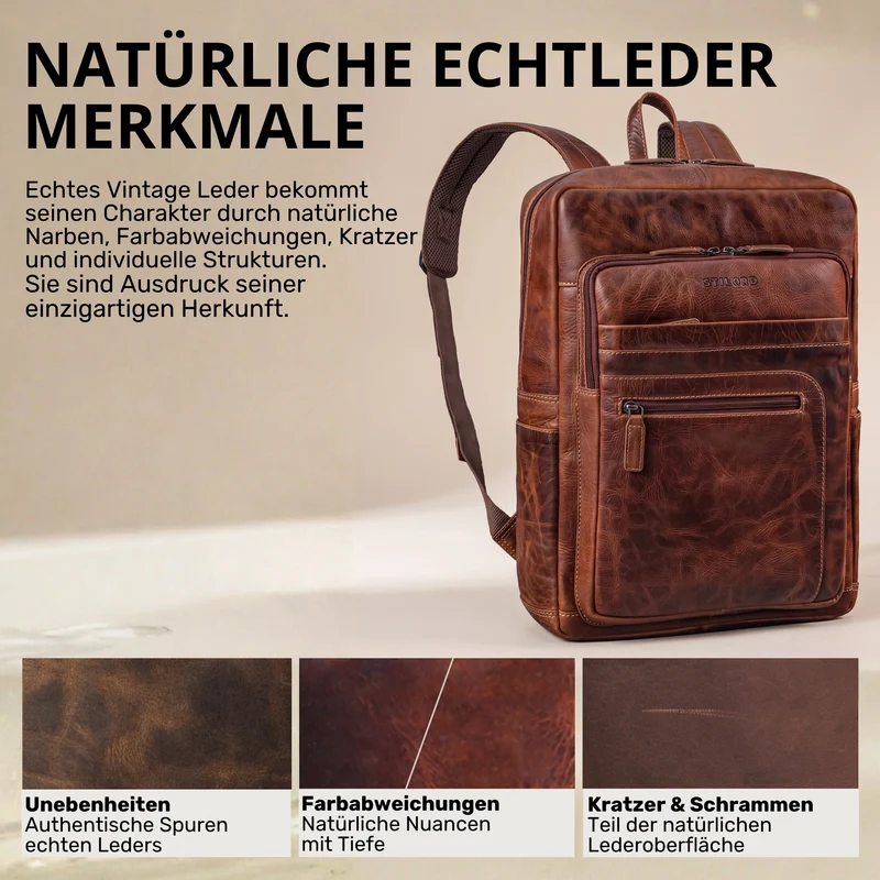 "Gilbert" Großer Leder Rucksack Herren Laptop 15 - 16 Zoll