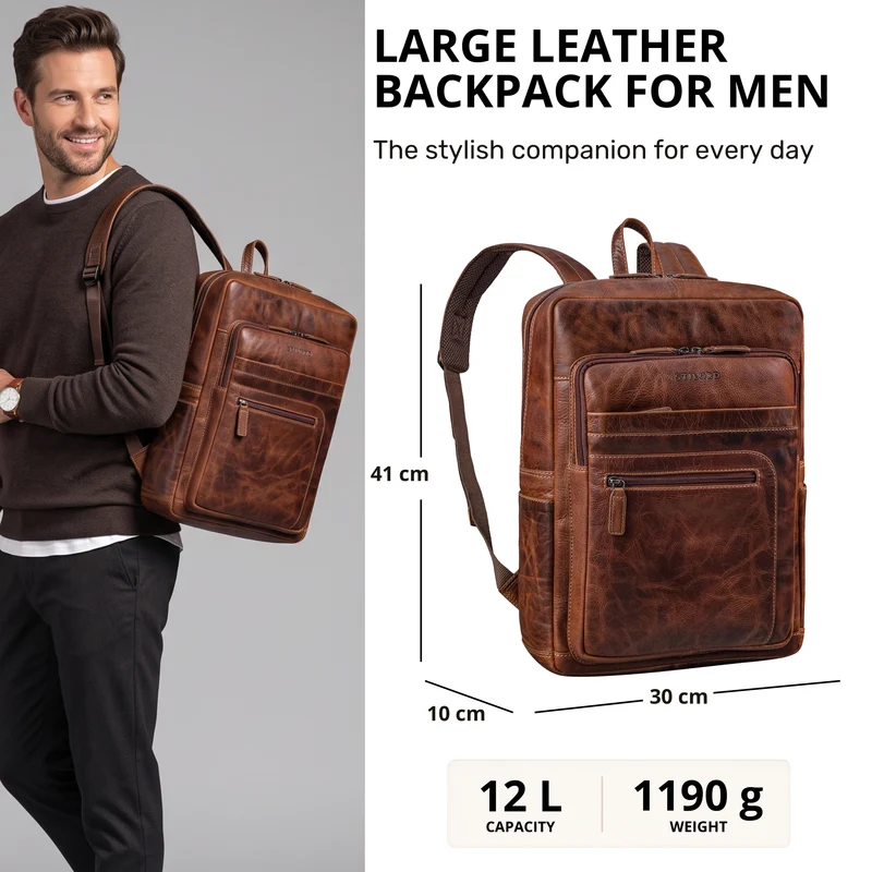 "Gilbert" Großer Leder Rucksack Herren Laptop 15 - 16 Zoll