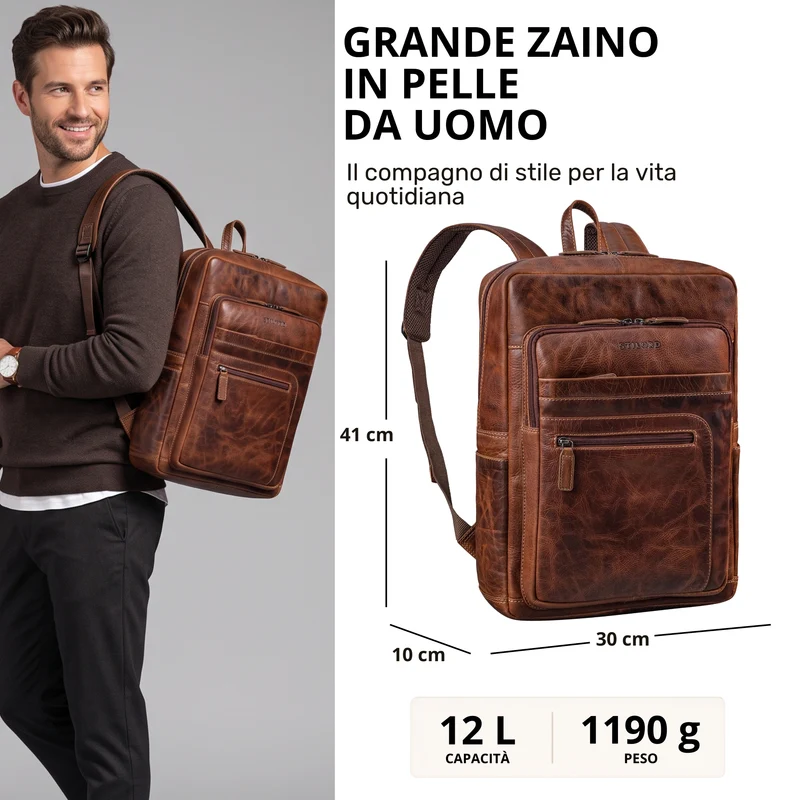 "Gilbert" Großer Leder Rucksack Herren Laptop 15 - 16 Zoll